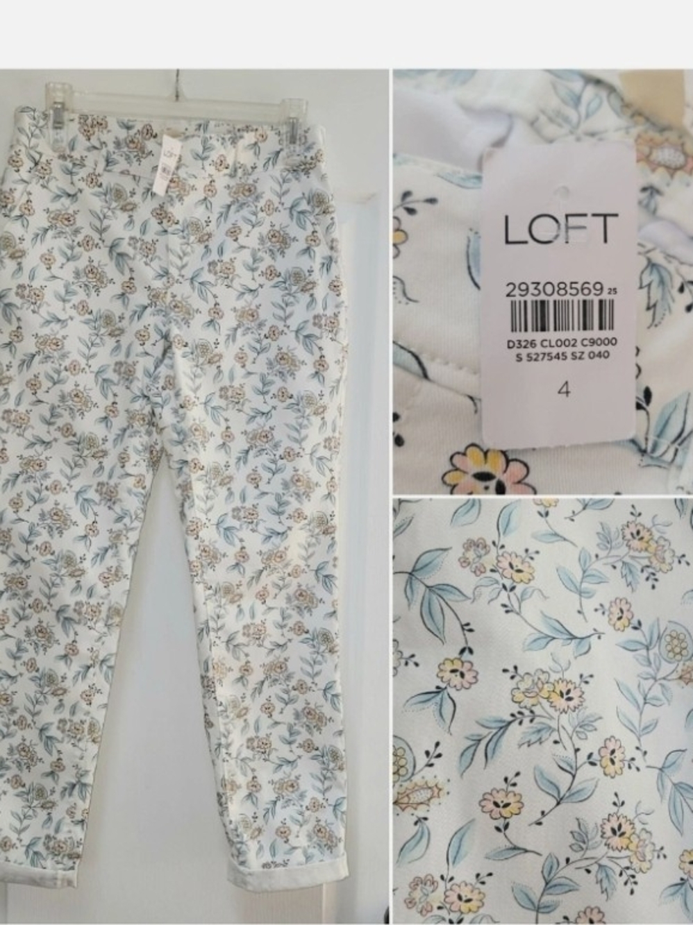 LOFT White Floral Ankle Jeans with Blue & Pink Blooms NWT